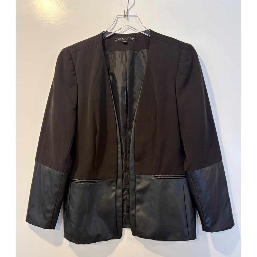 Zac & Rachel Womens Black Faux Leather Trim Open Front Blazer Jacket Size 16